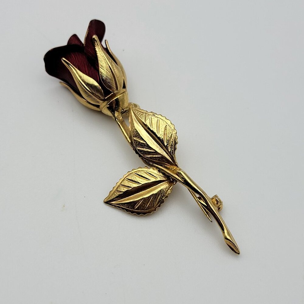 Gold Plated Dark Red Rose Flower Brooch Stunning Vintage Signed Giovanni 2.75"